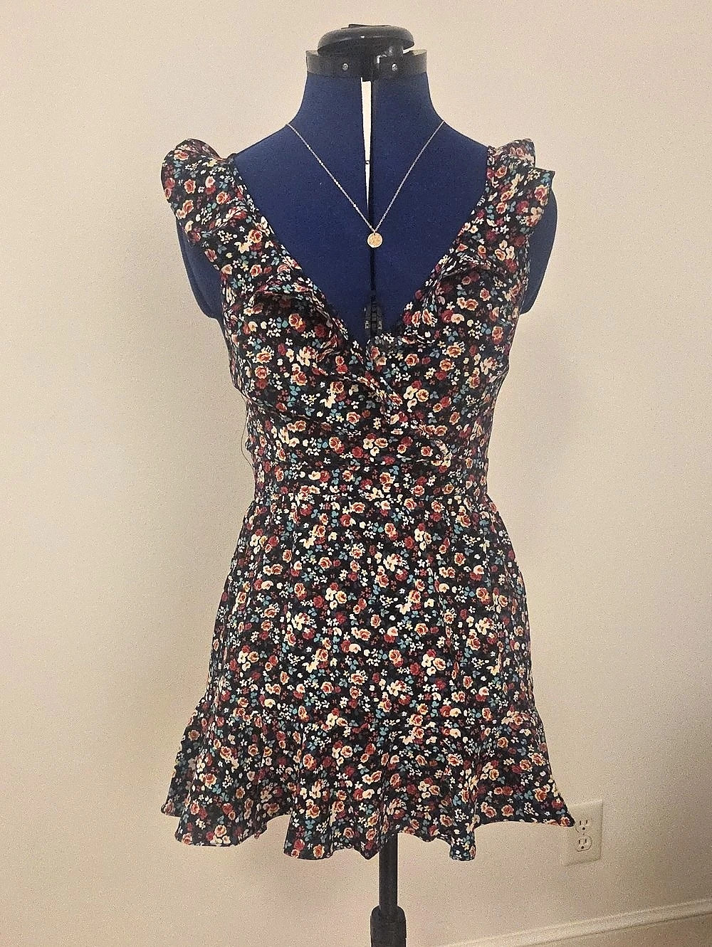 Floral Ruffle Mini Romper in Black & Red